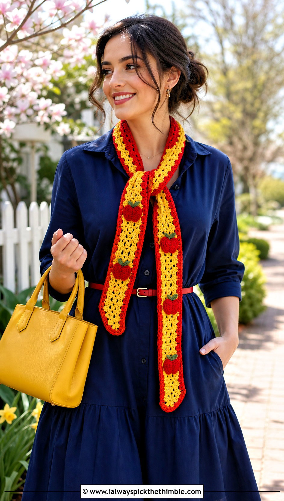 Snow White Apple Motif Skinny Crochet Disney Scarf With Shirt Dress - 20 Crochet Disney Scarf outfit ideas