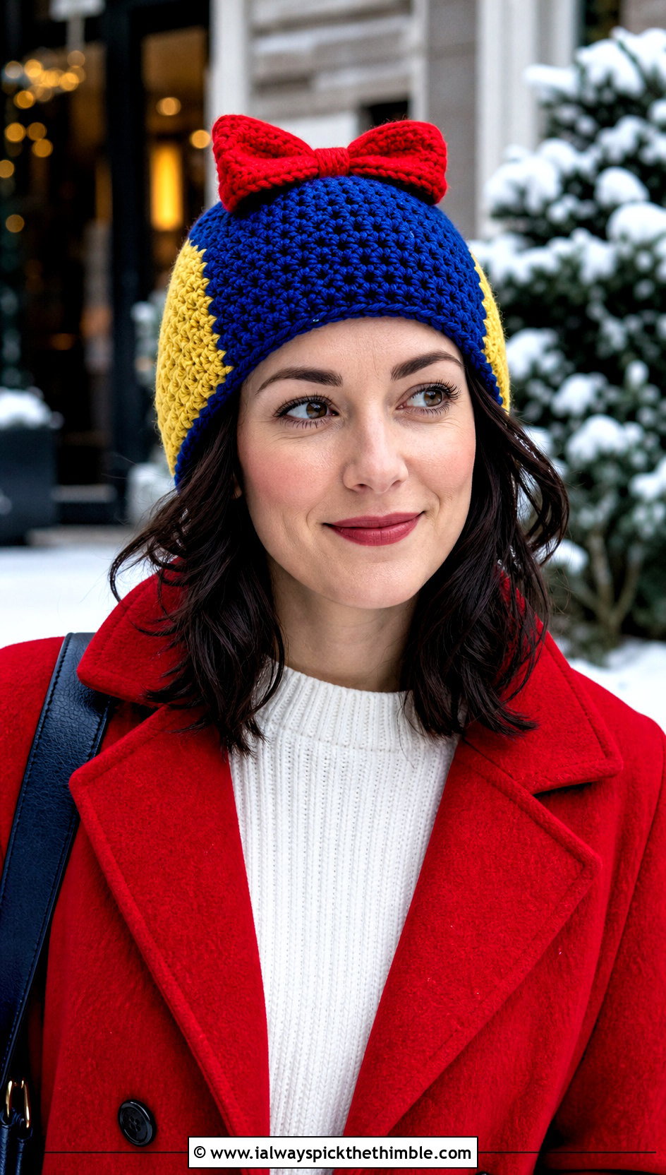 Snow White Color Block Crochet Disney Beanie With Red Peacoat - 20 Crochet Disney Beanie outfit ideas