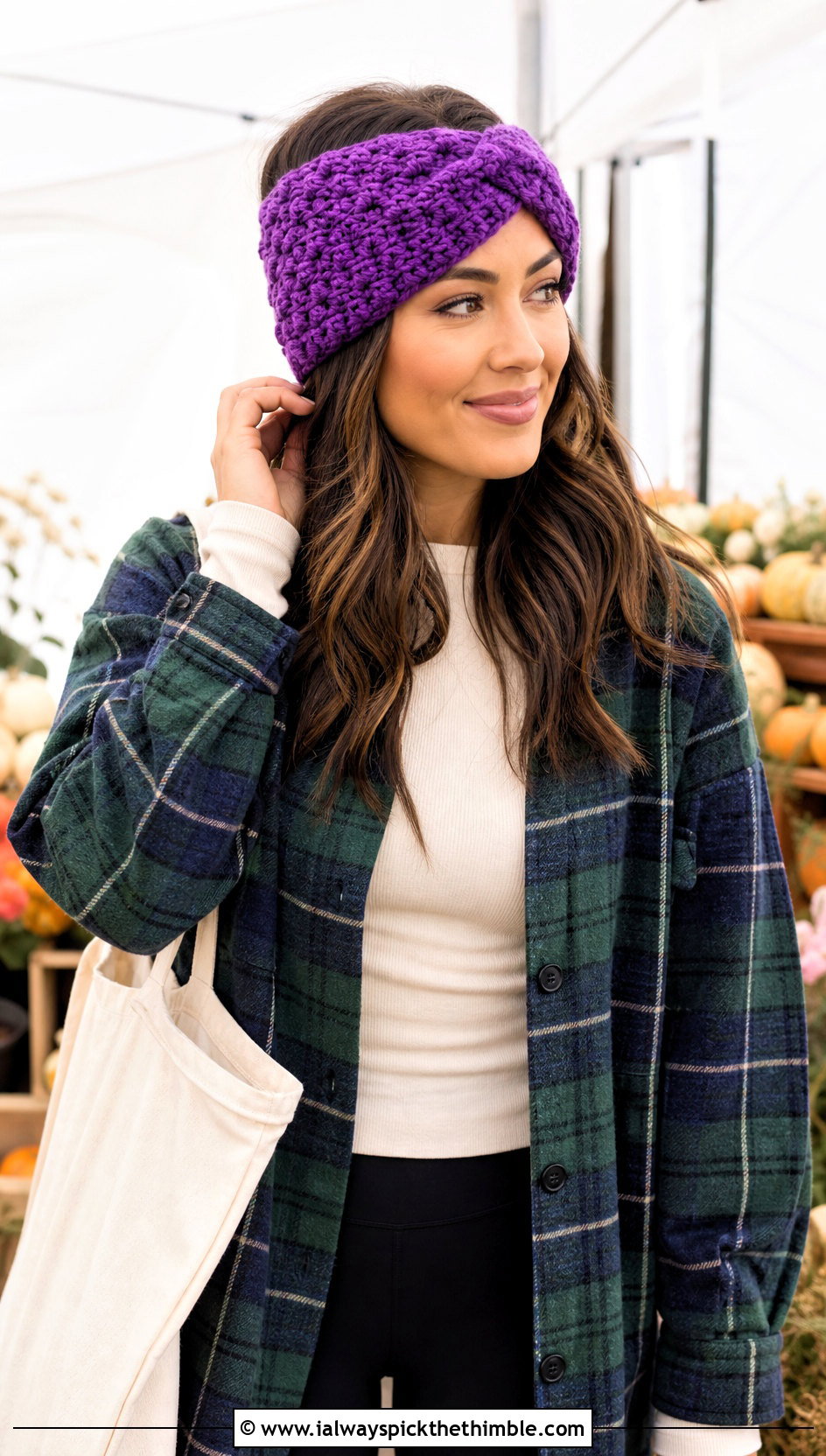 Snowfall Stitch Crochet Twisted Ear Warmer With Shacket - 25 crochet twisted ear warmer outfit ideas