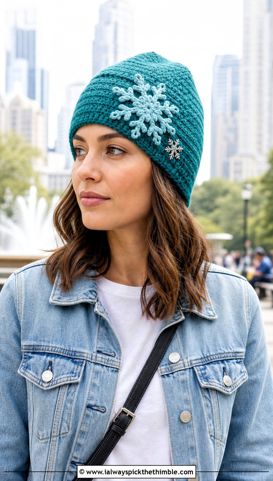 Snowflake Applique Elsa Beanie With Denim Jacket - 15 Crochet Elsa Beanie outfit ideas