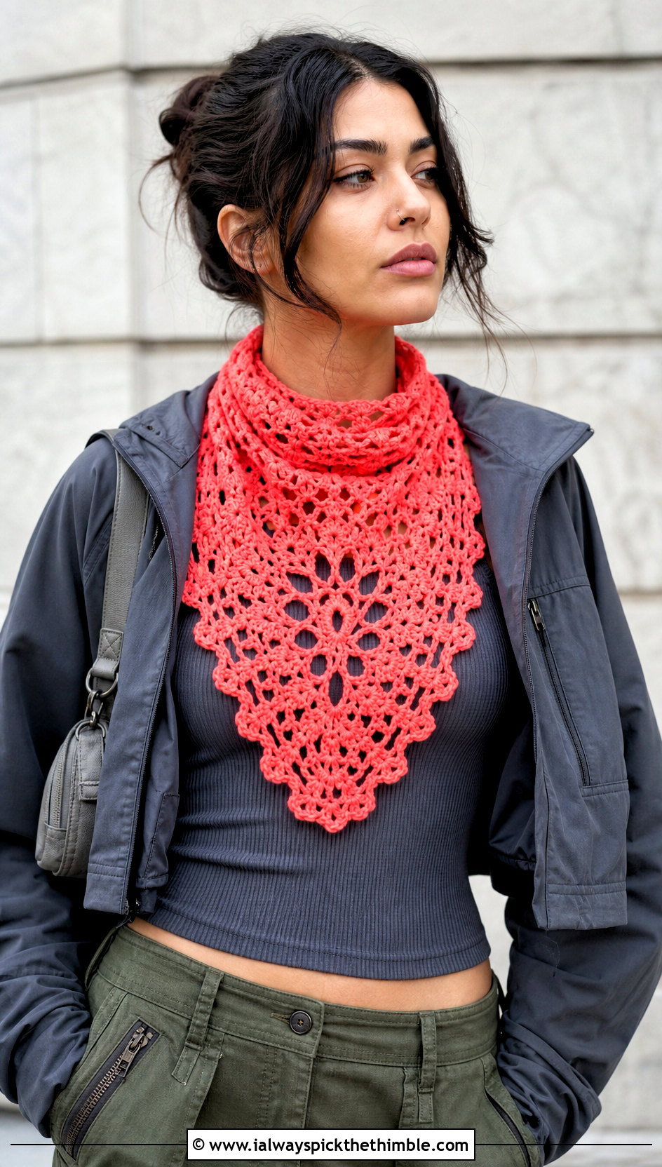 Snowflake Bandana Crochet Scarf With Cargo Pants - 20 Snowflake Crochet Scarf outfit ideas