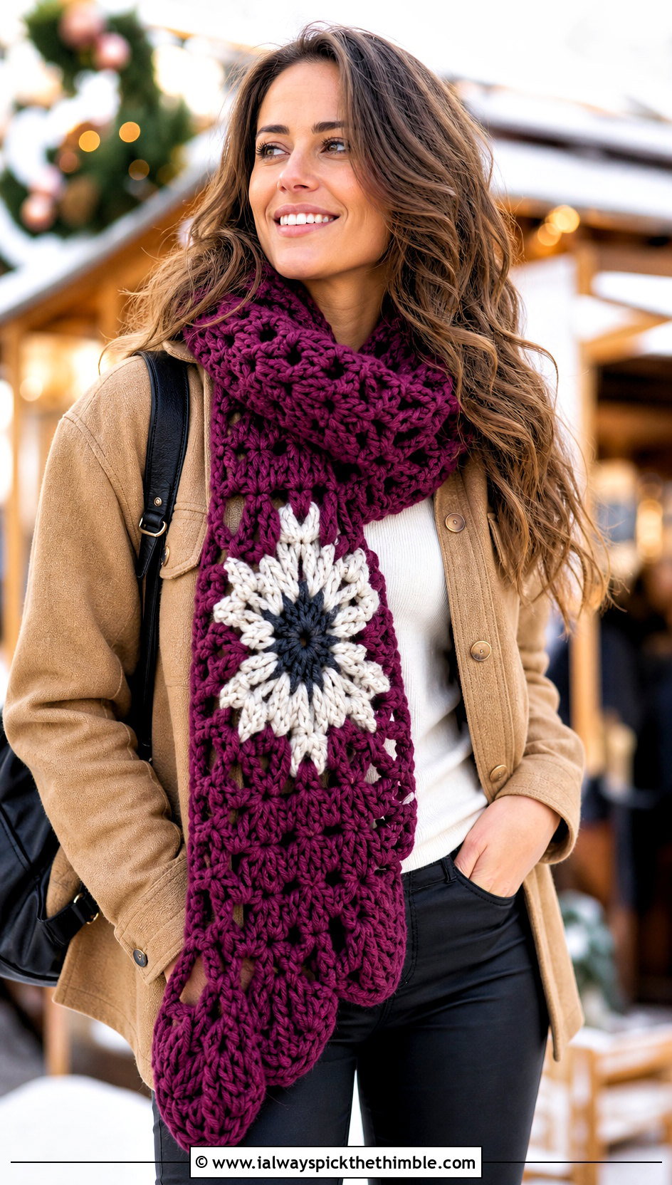 Snowflake Chunky Crochet Scarf With Shirt Jacket - 20 Snowflake Crochet Scarf outfit ideas