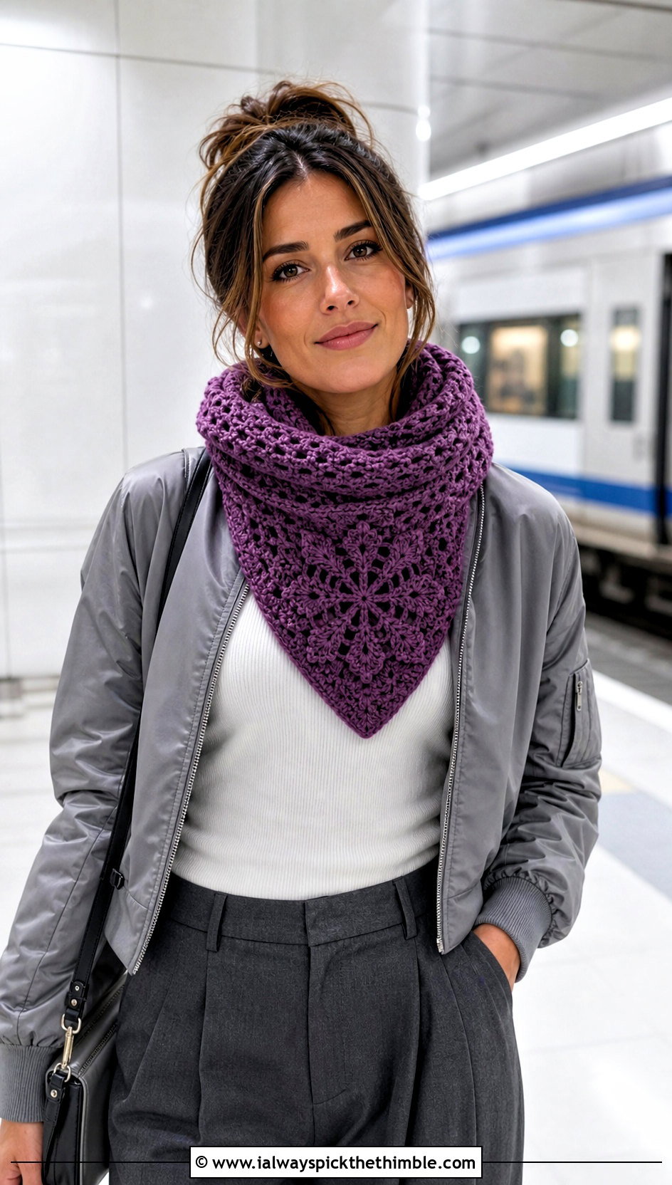 Snowflake Cowl Crochet Scarf With Bomber Jacket - 20 Snowflake Crochet Scarf outfit ideas
