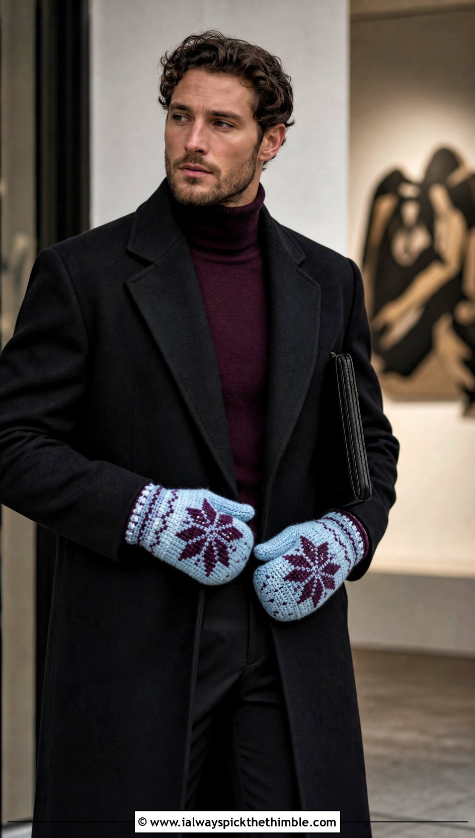 Snowflake Crochet Mittens With Evening Coat - 20 Crochet Mens Mittens outfit ideas