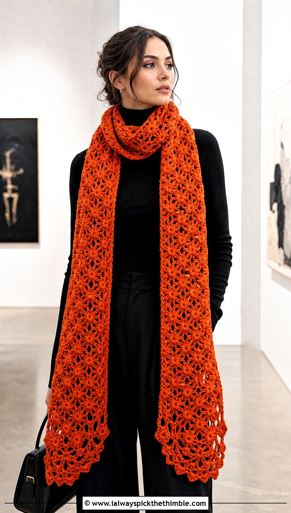 Snowflake Extra Long Crochet Scarf With Monochrome Outfit - 20 Snowflake Crochet Scarf outfit ideas