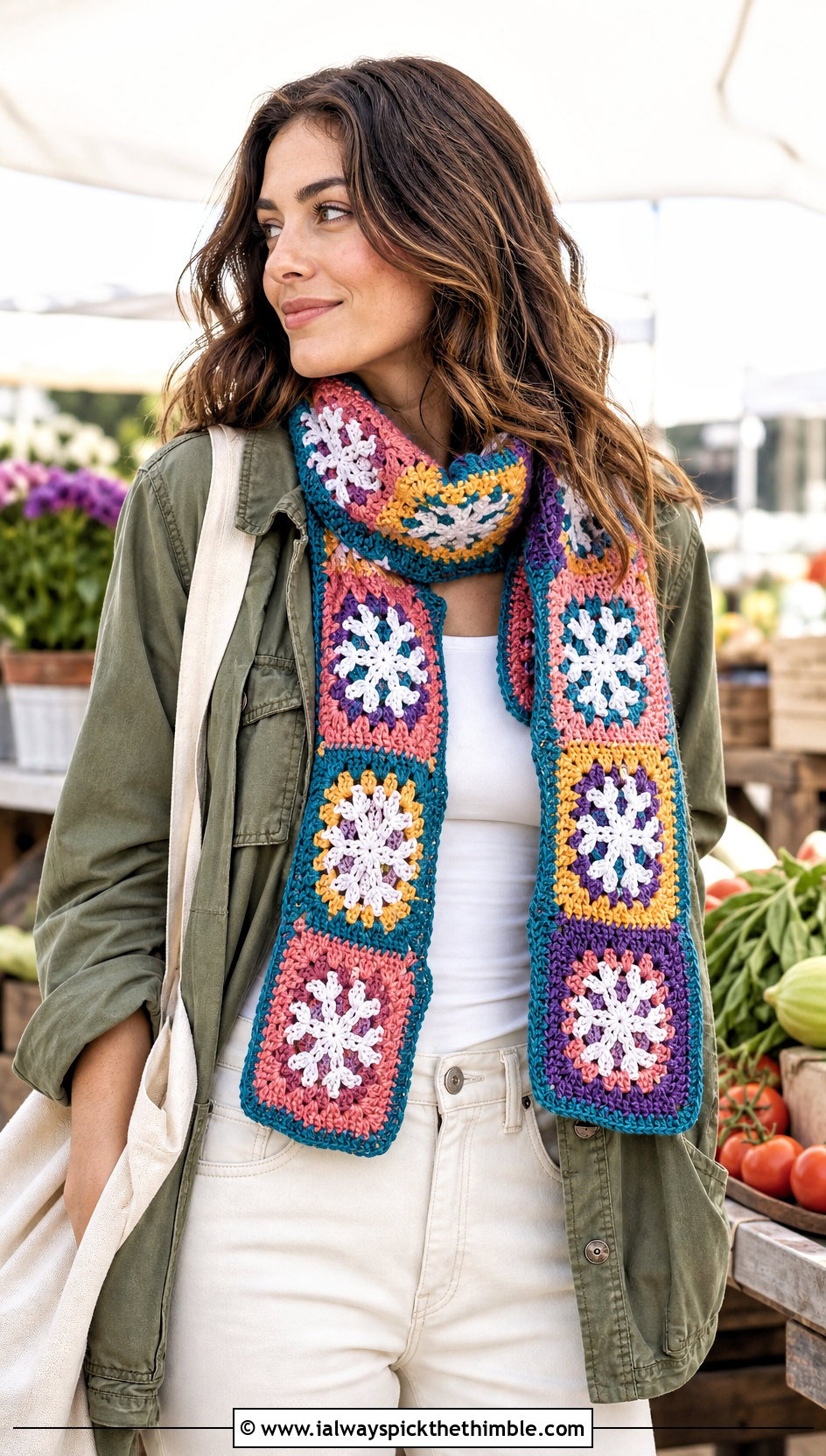 Snowflake Granny Square Crochet Scarf With Utility Jacket - 20 Snowflake Crochet Scarf outfit ideas