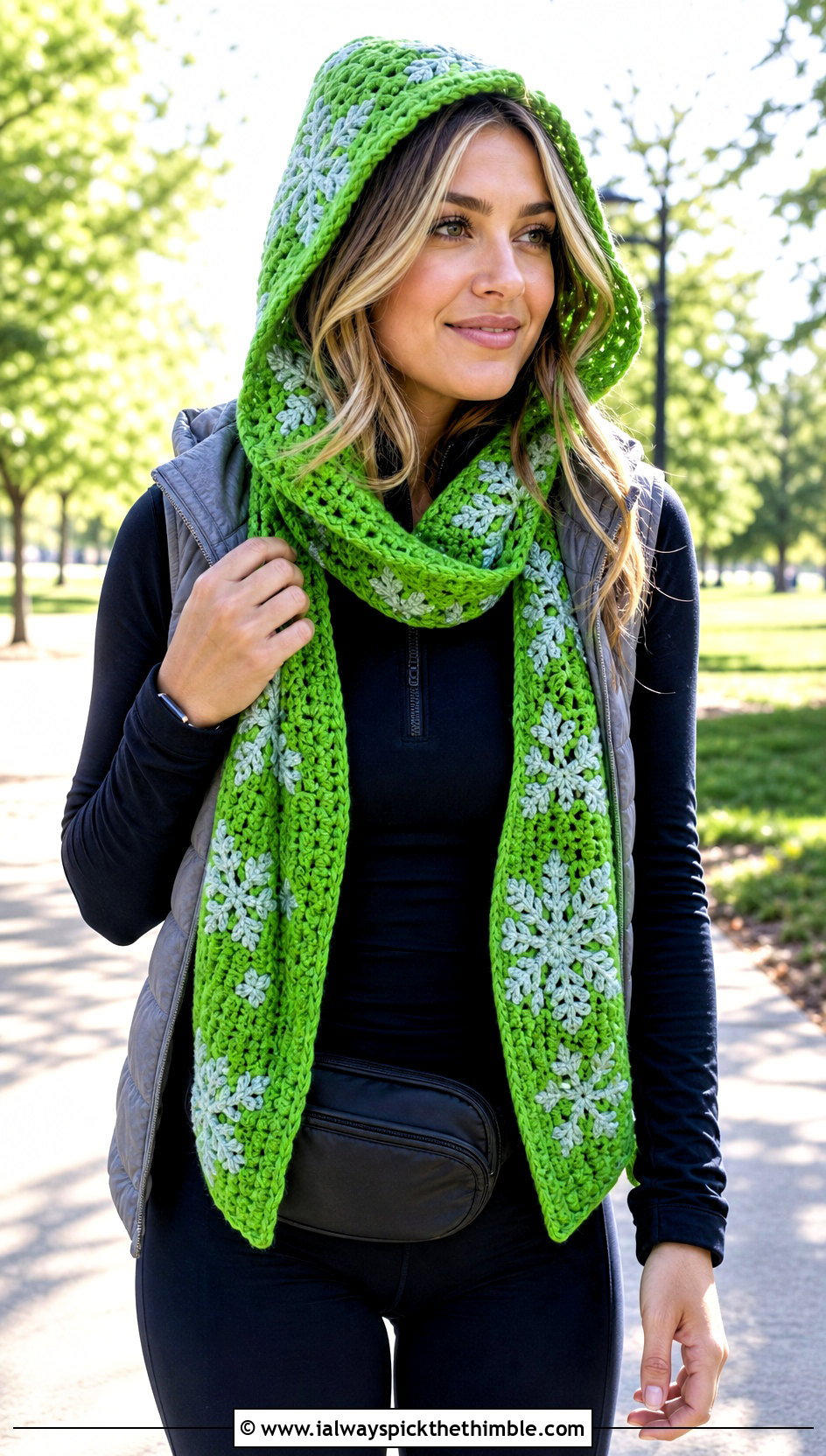 Snowflake Hooded Crochet Scarf With Leggings - 20 Snowflake Crochet Scarf outfit ideas