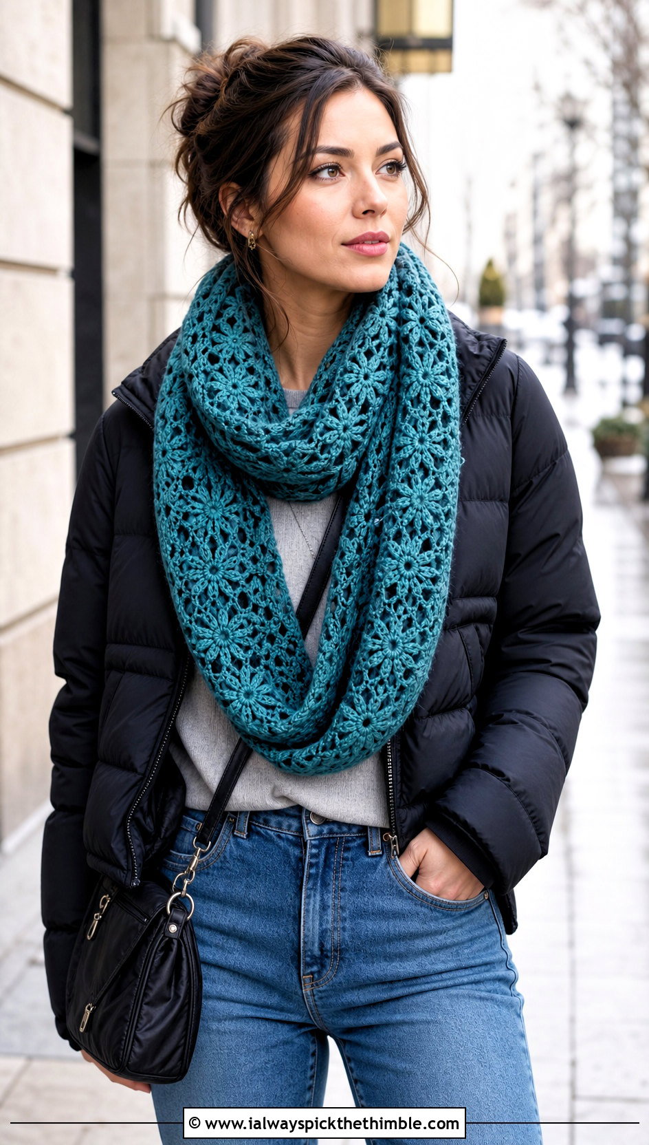 Snowflake Infinity Crochet Scarf With Puffer Jacket - 20 Snowflake Crochet Scarf outfit ideas