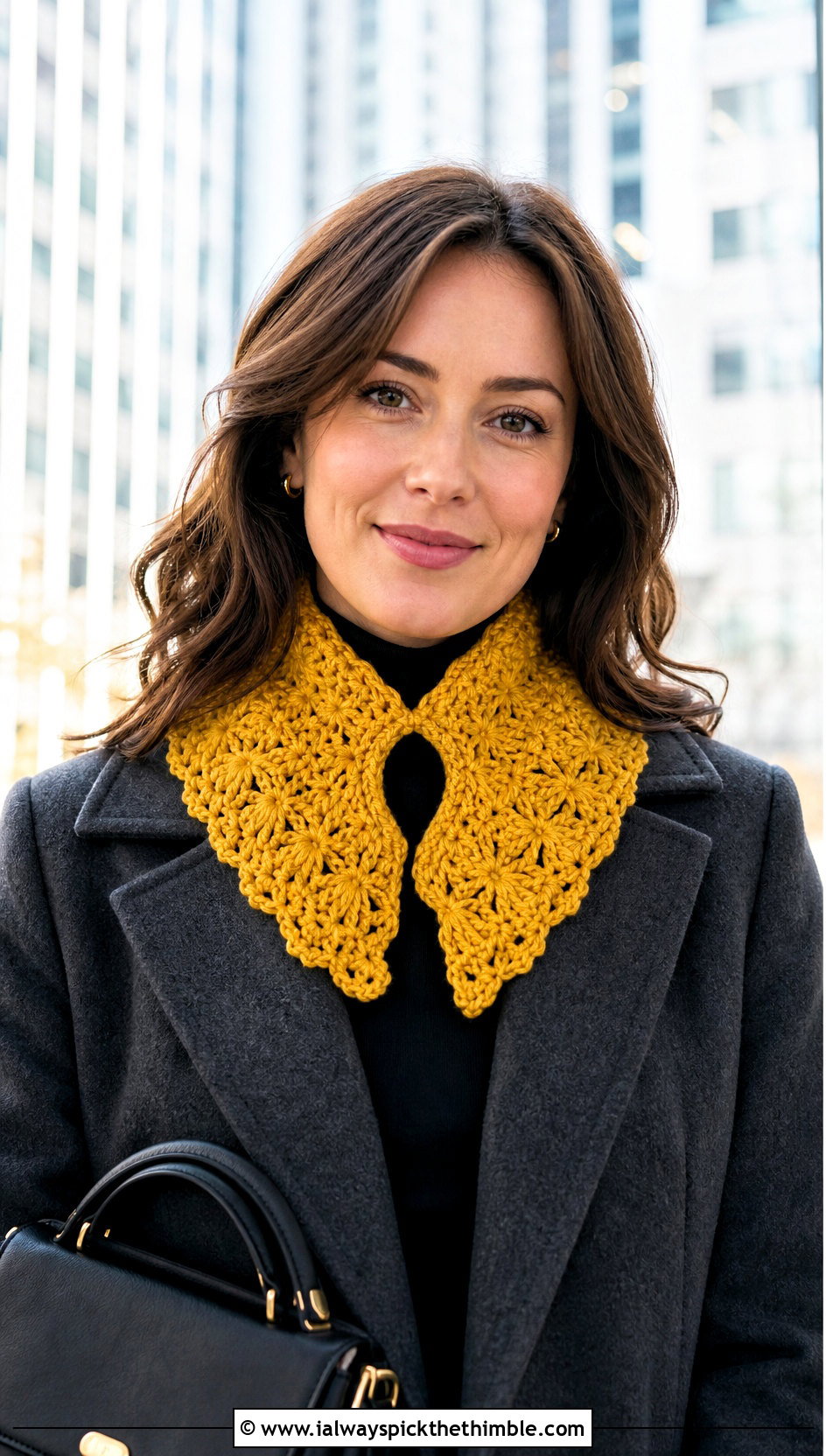 Snowflake Keyhole Crochet Scarf With Wool Coat - 20 Snowflake Crochet Scarf outfit ideas