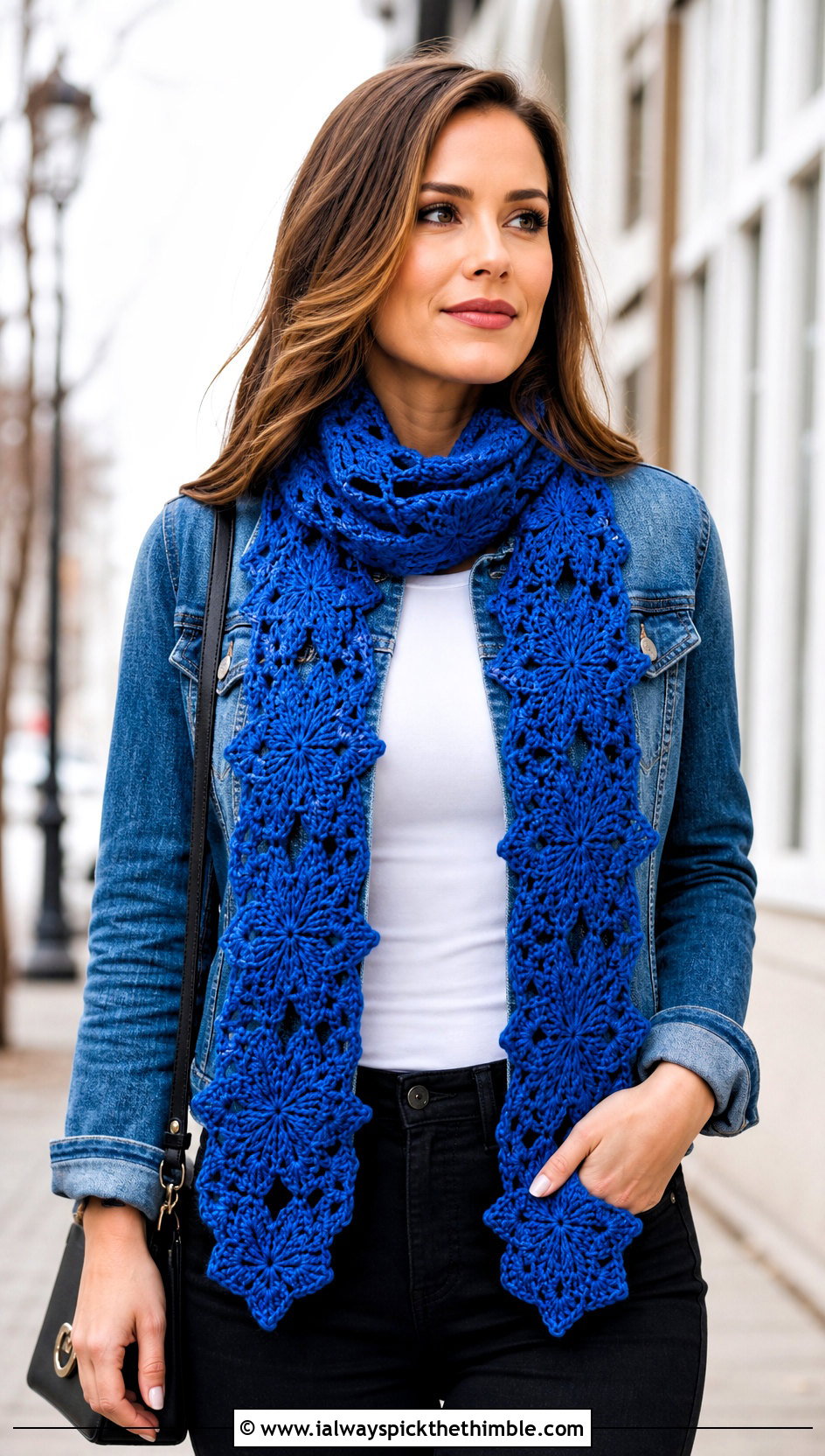 Snowflake Motif Crochet Scarf With Denim Jacket - 20 Snowflake Crochet Scarf outfit ideas