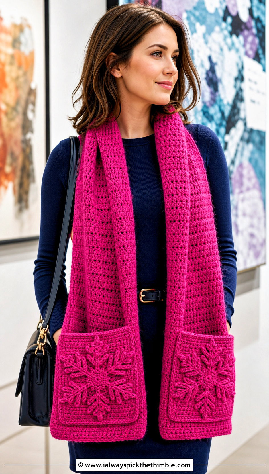 Snowflake Pocket Crochet Scarf With Sweater Dress - 20 Snowflake Crochet Scarf outfit ideas