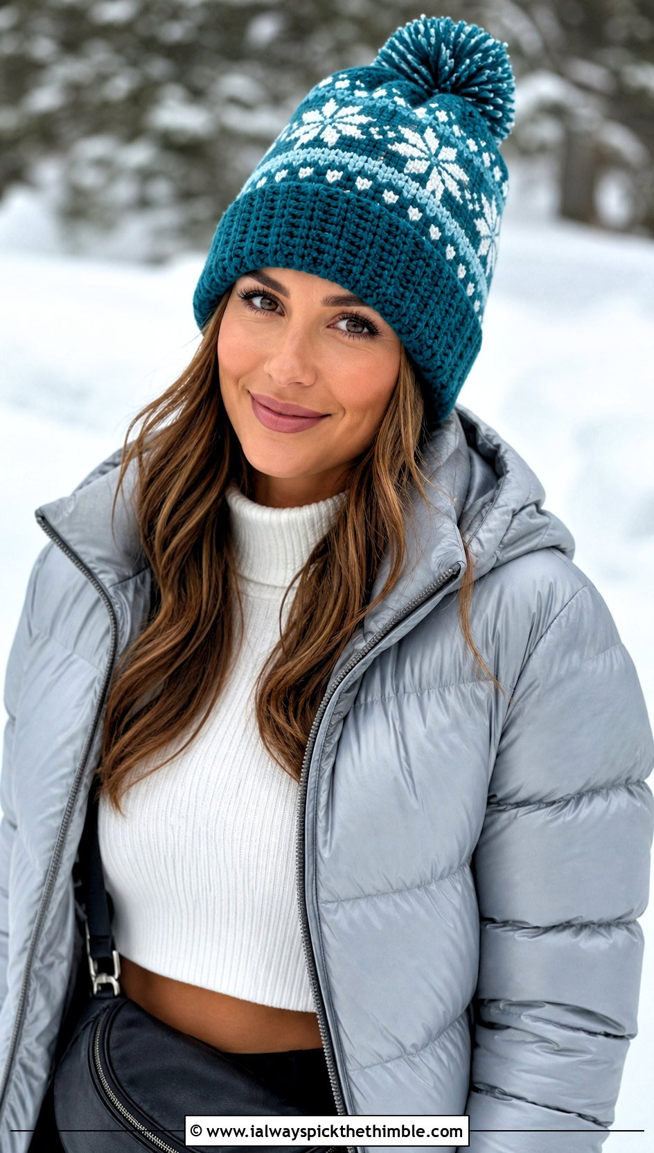 Snowflake Pom Pom Fair Isle Beanie With Puffer Coat - 20 Crochet Fair Isle Beanie outfit ideas