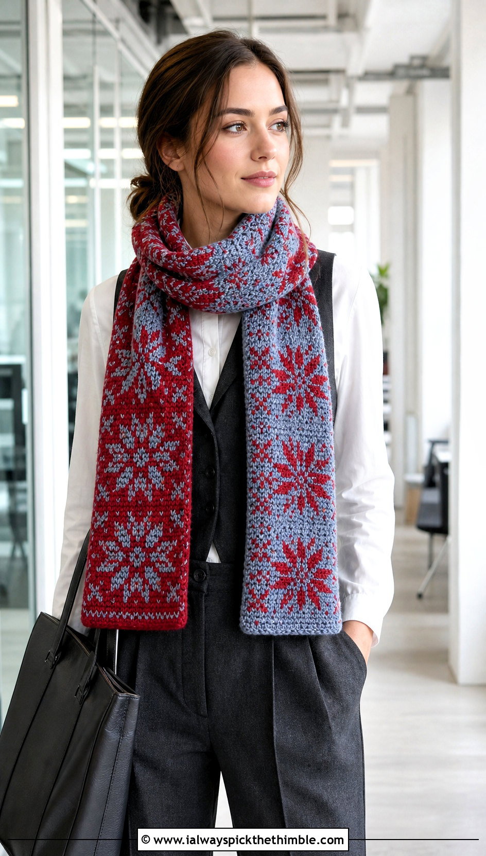 Snowflake Reversible Crochet Scarf With Tailored Vest - 20 Snowflake Crochet Scarf outfit ideas