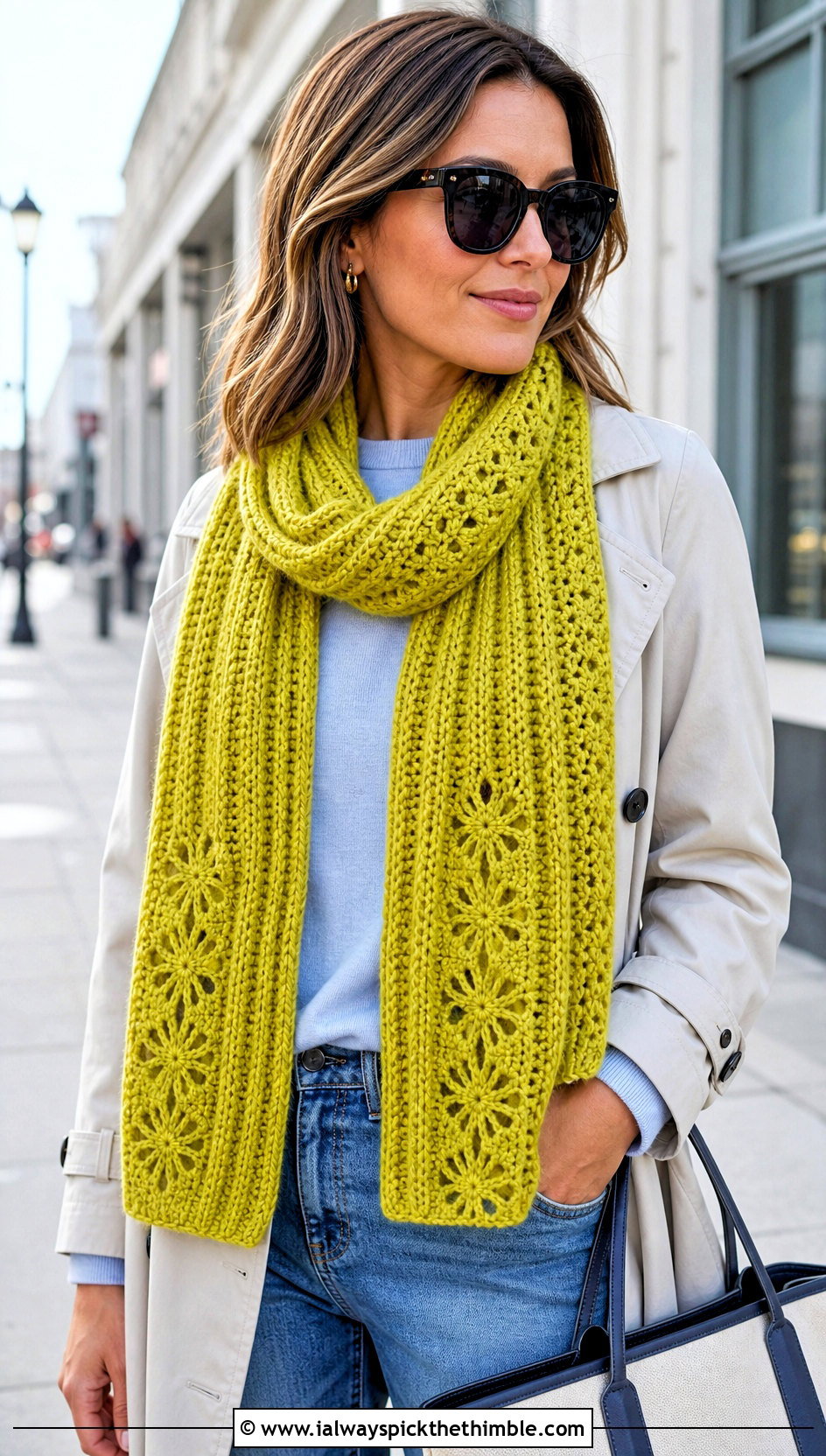 Snowflake Ribbed Crochet Scarf With Trench Coat - 20 Snowflake Crochet Scarf outfit ideas