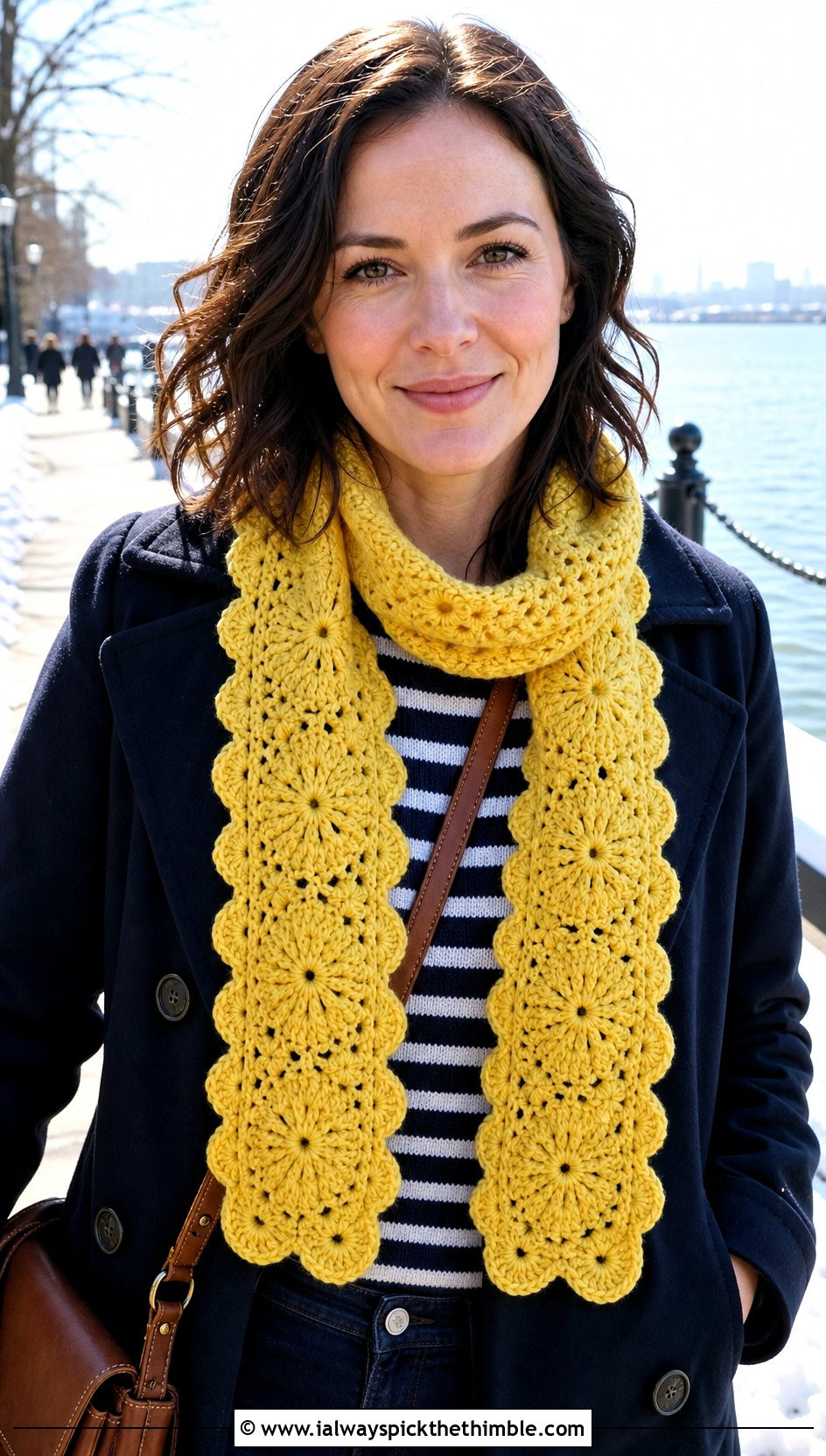 Snowflake Scalloped Crochet Scarf With Peacoat - 20 Snowflake Crochet Scarf outfit ideas