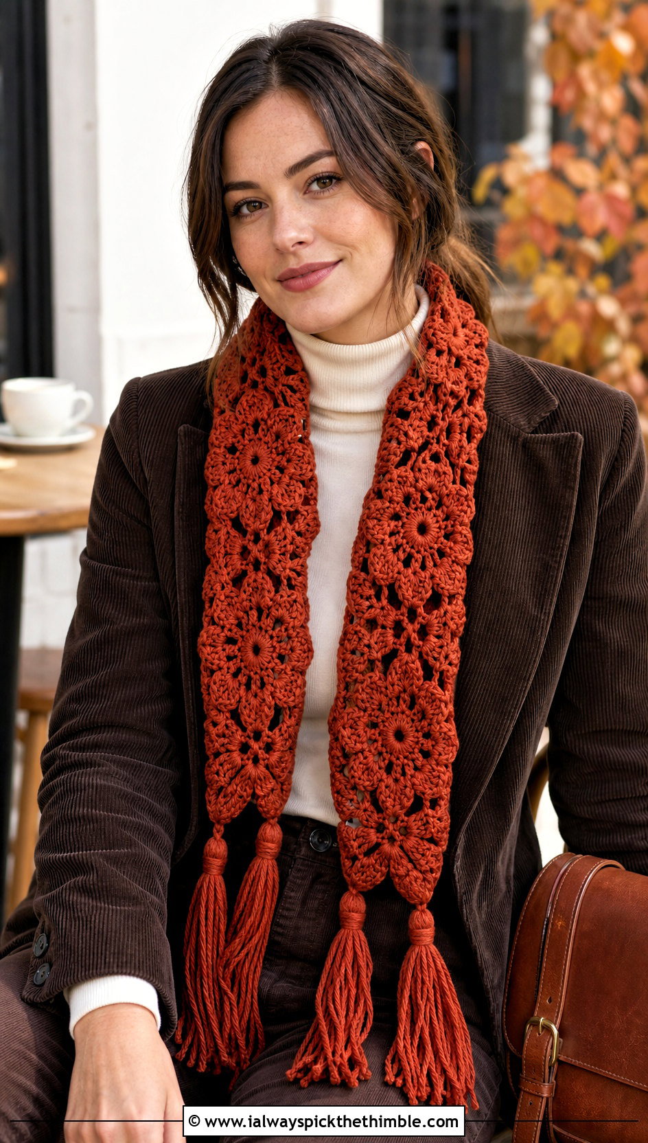 Snowflake Tassel Crochet Scarf With Corduroy Outfit - 20 Snowflake Crochet Scarf outfit ideas