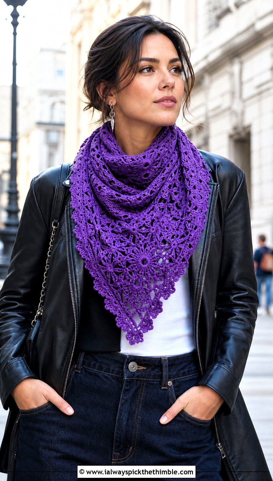 Snowflake Triangle Crochet Scarf With Leather Jacket - 20 Snowflake Crochet Scarf outfit ideas