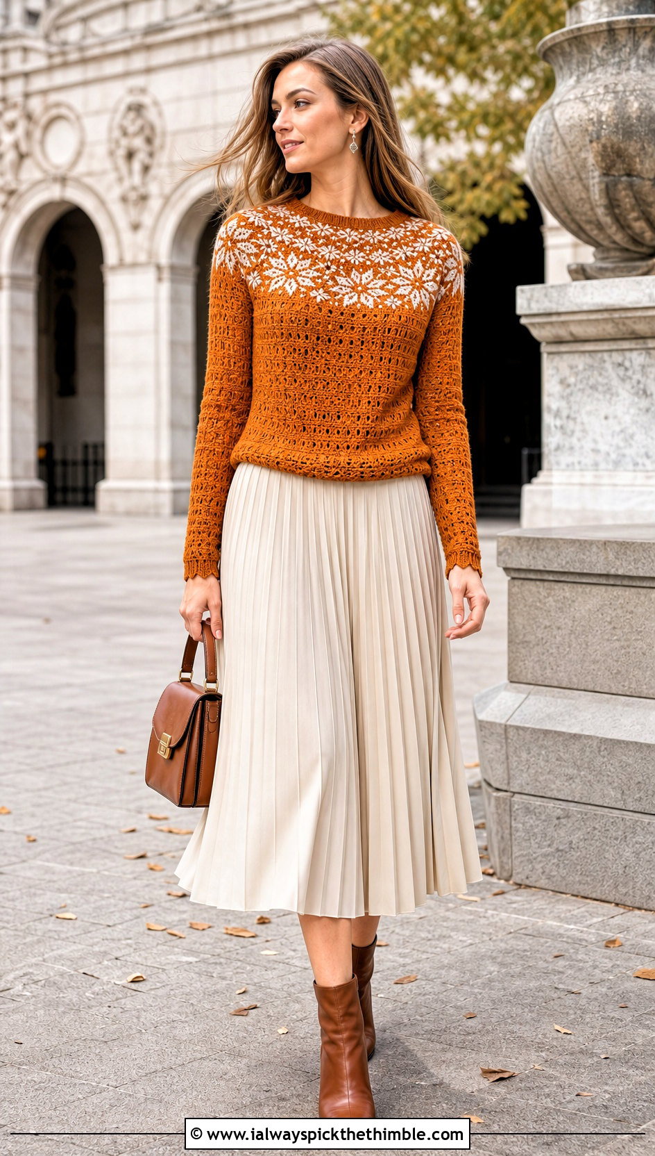 Snowflake Yoke Norwegian Crochet Sweater With Pleated Midi Skirt - 20 Norwegian Crochet Sweater outfit ideas