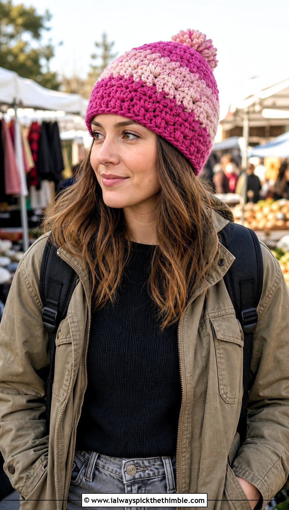 Snowy Wheat Color Block Crochet Hat With Utility Jacket - 20 Snowy Wheat Crochet Hat outfit ideas