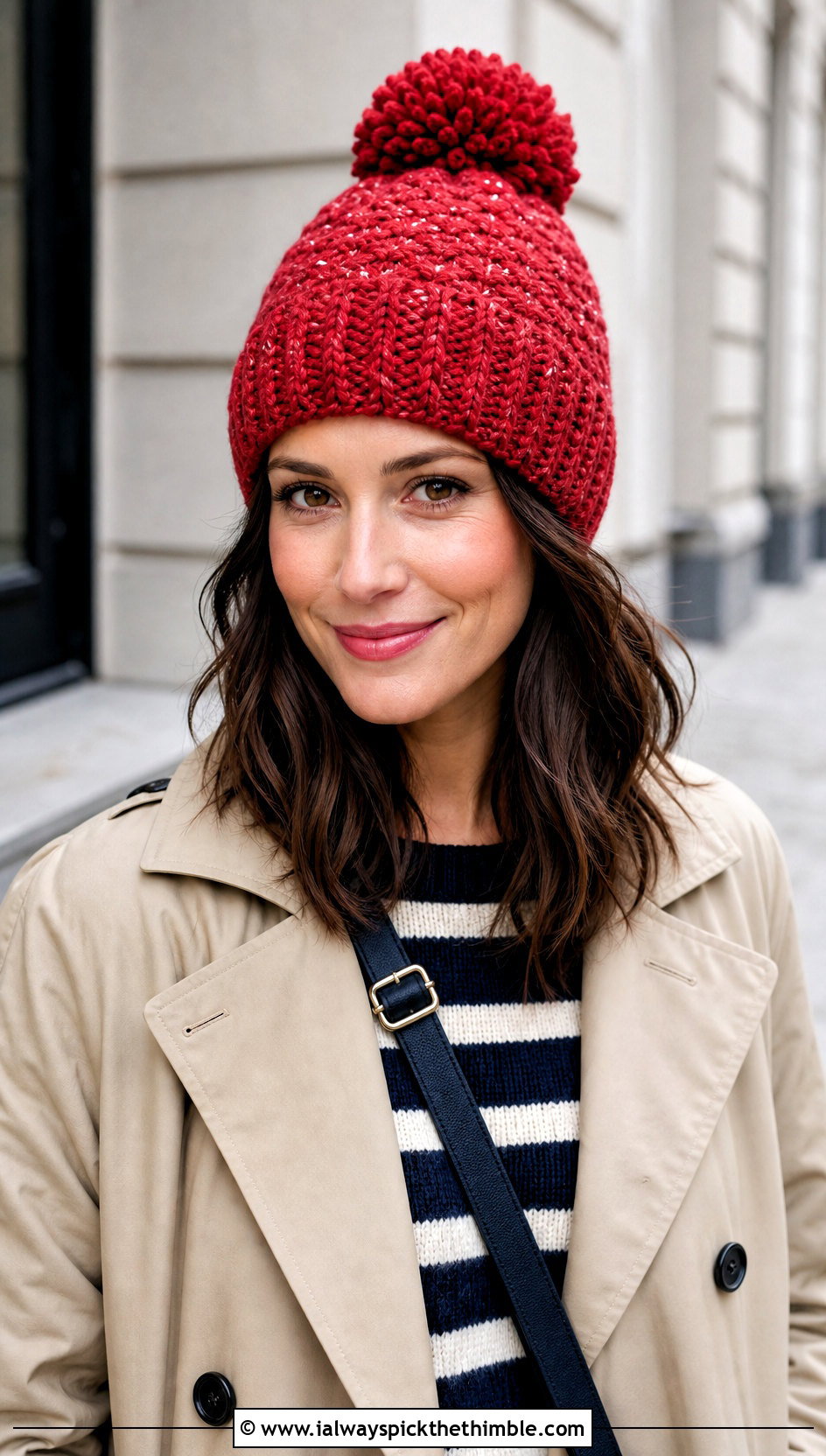 Snowy Wheat Pom Pom Beanie With Trench Coat - 20 Snowy Wheat Crochet Hat outfit ideas