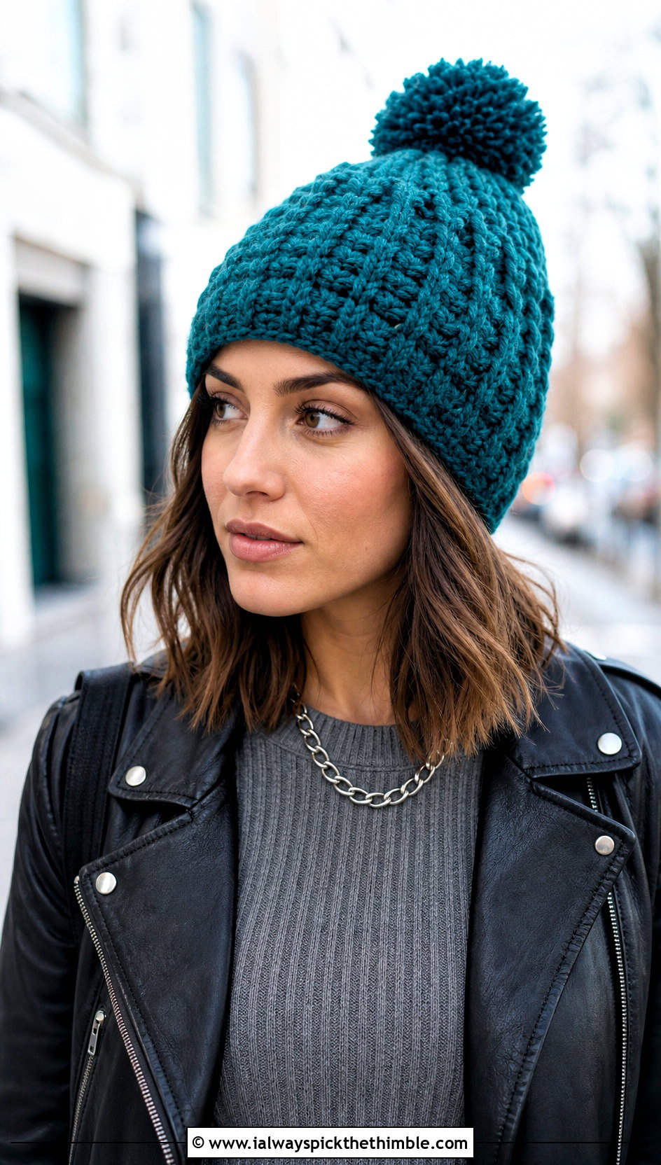 Snowy Wheat Pom Pom Crochet Hat With Leather Jacket - 20 Snowy Wheat Crochet Hat outfit ideas
