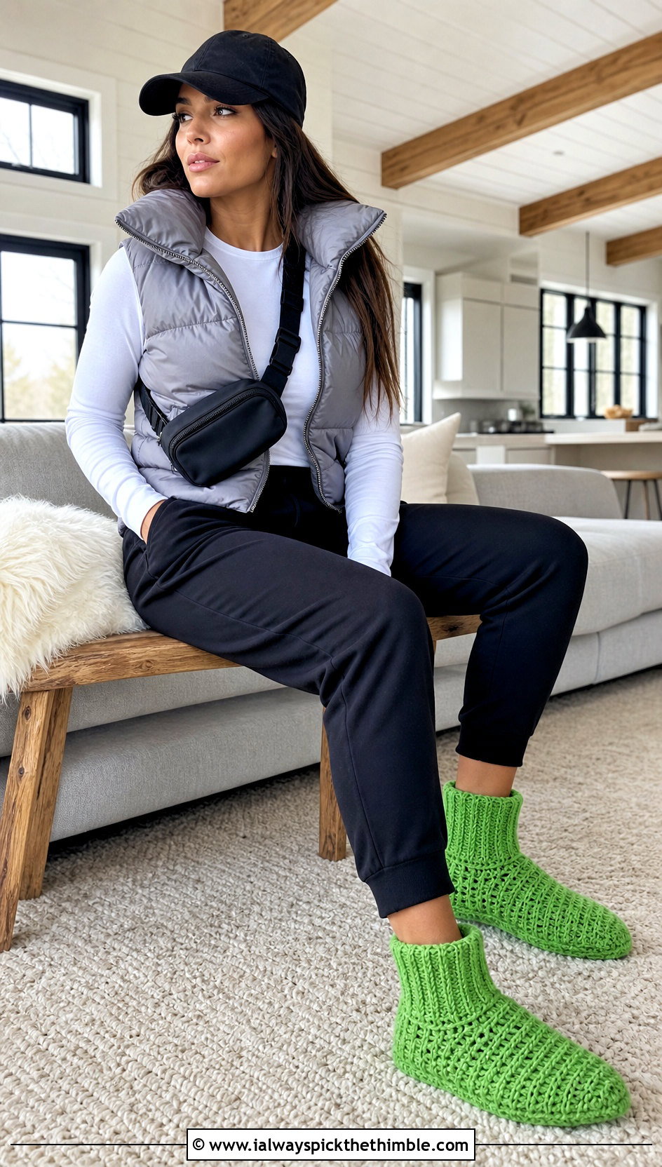 Sock Style Crochet Slippers With Joggers And Puffer Vest - 20 Quick And Easy Crochet Slippers outfit ideas