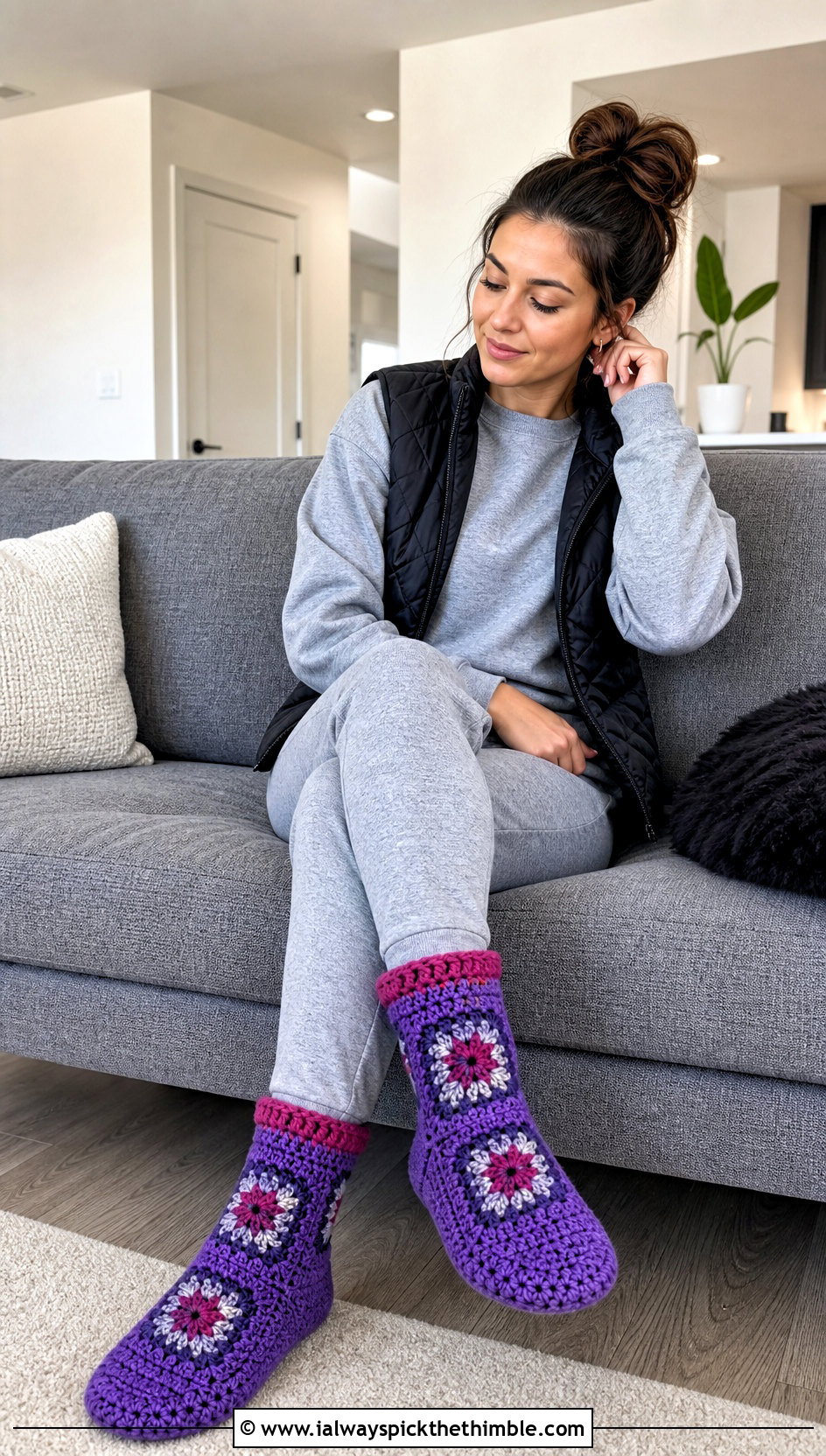 Sock Style Granny Square Crochet Slippers With A Sweat Set - 20 Easy Granny Square Crochet Slippers outfit ideas