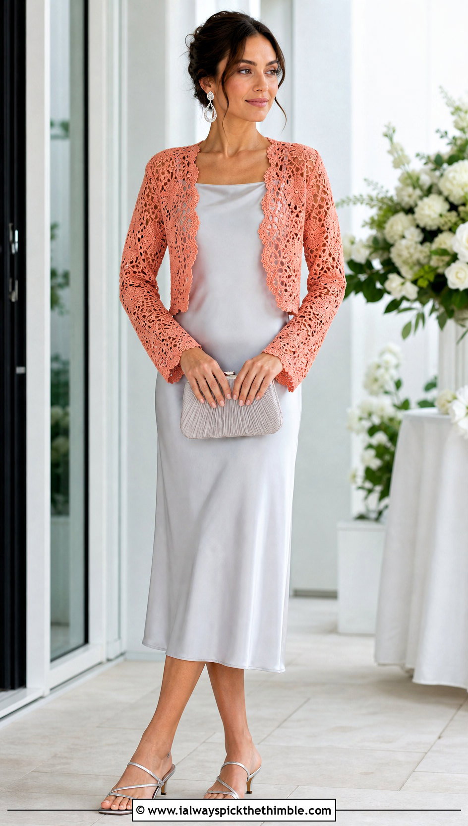 Soft Coral Crochet Bolero With Slip Dress - 20 Pastel Crochet Clothes and outfit ideas
