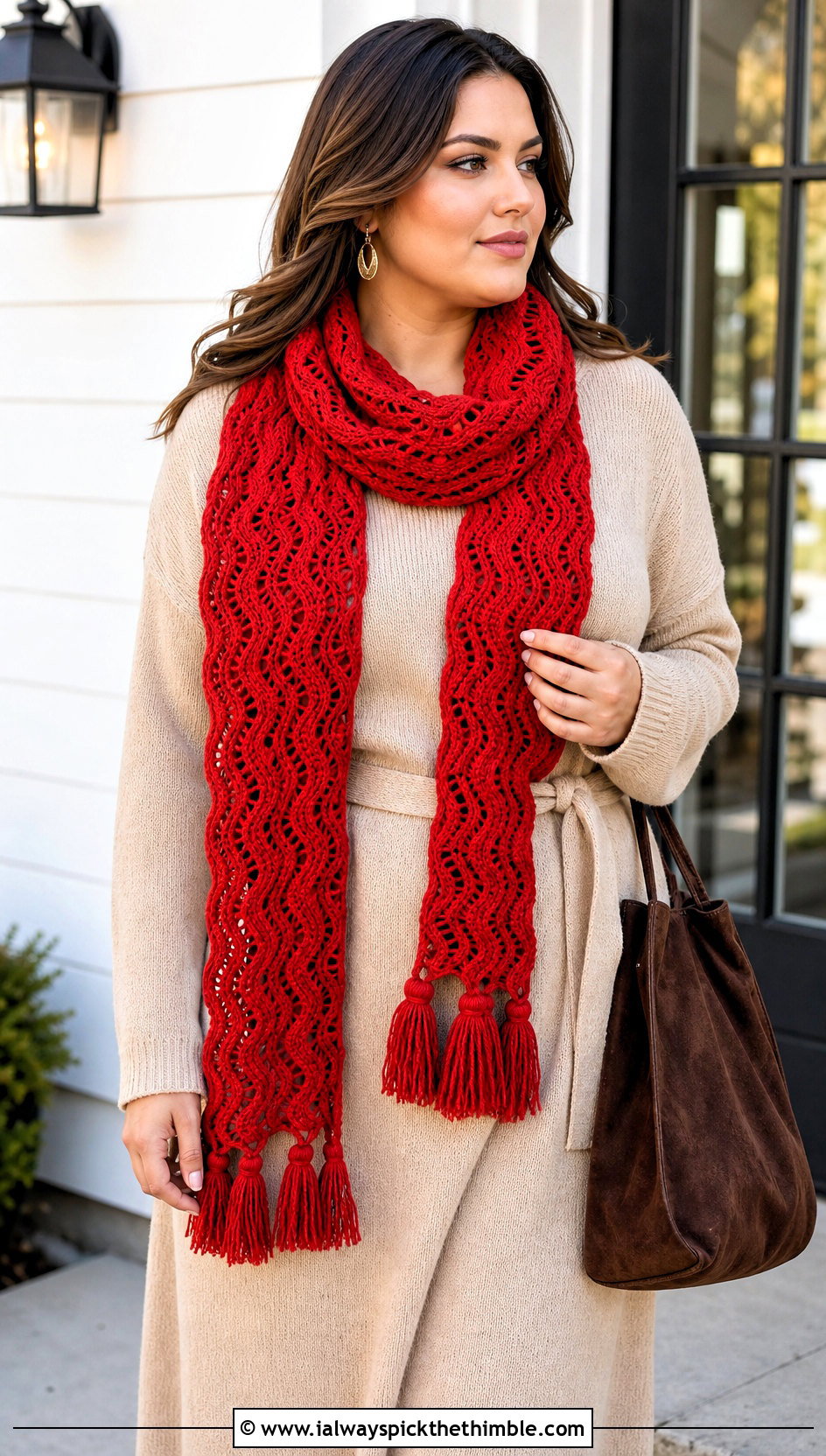 Soft Wave Tassel Crochet Scarf With Sweater Dress and Boots - 20 wavy crochet scarf outfit ideas