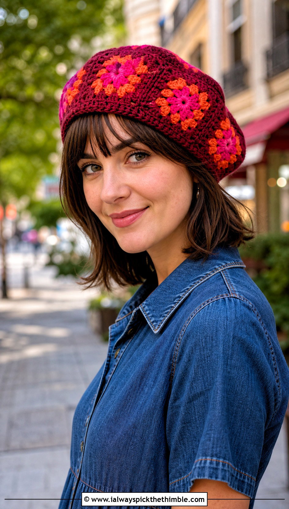 Solid Border Crochet Granny Square Beret With Denim Dress - 20 Crochet Granny Square Beret outfit ideas
