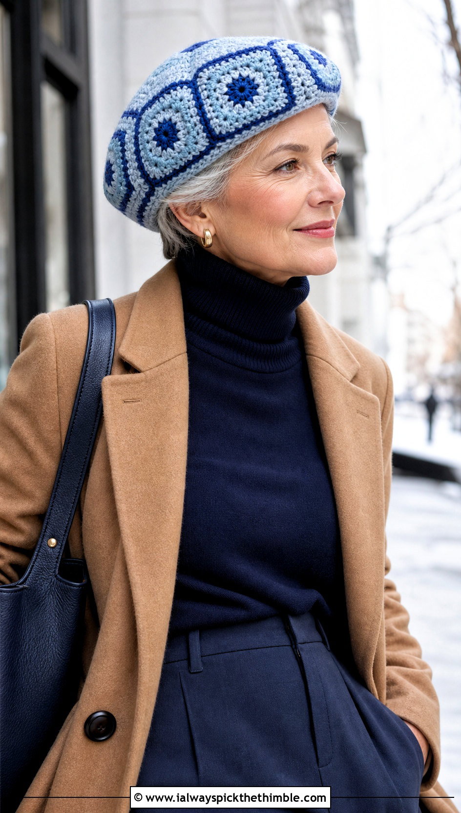 Solid Border Granny Square Beret With Wool Coat - 20 Granny Square Beret outfit ideas