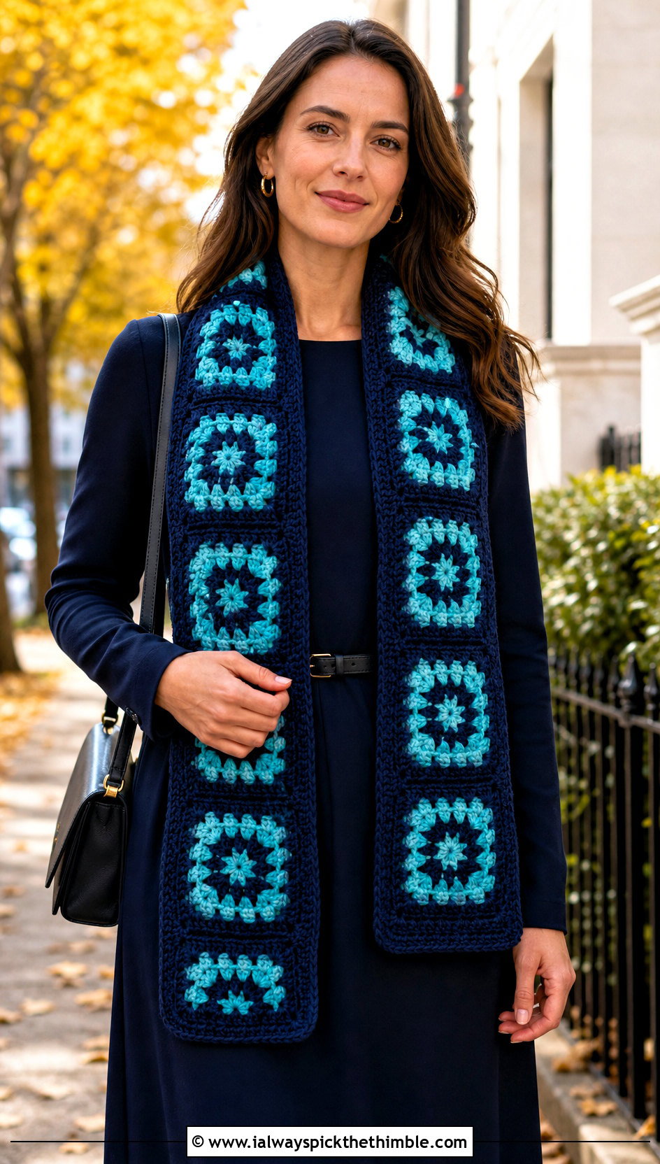 Solid Border Granny Square Crochet Scarf With Midi Dress - 25 granny square crochet scarf outfit ideas