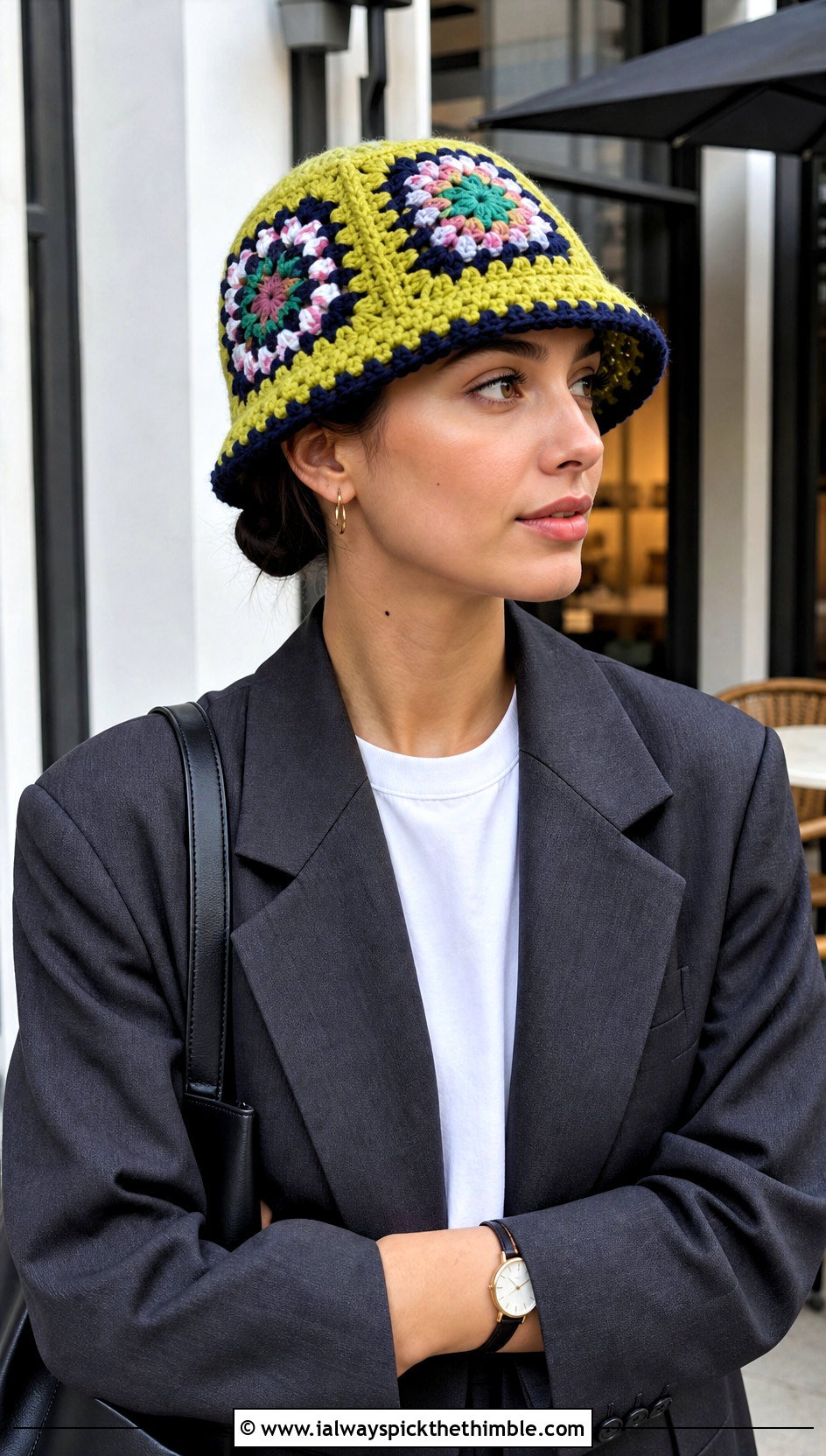 Solid Border Granny Square Hat With Blazer And Jeans - 25 granny square hat outfit ideas