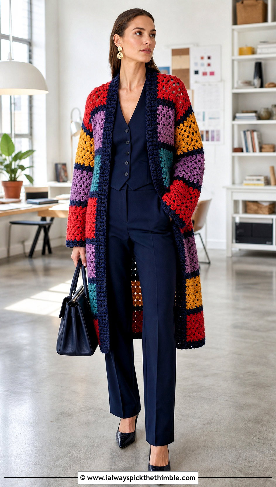 Solid Border Granny Square Long Cardigan With Matching Suit - 20 crochet granny square long cardigan outfit ideas