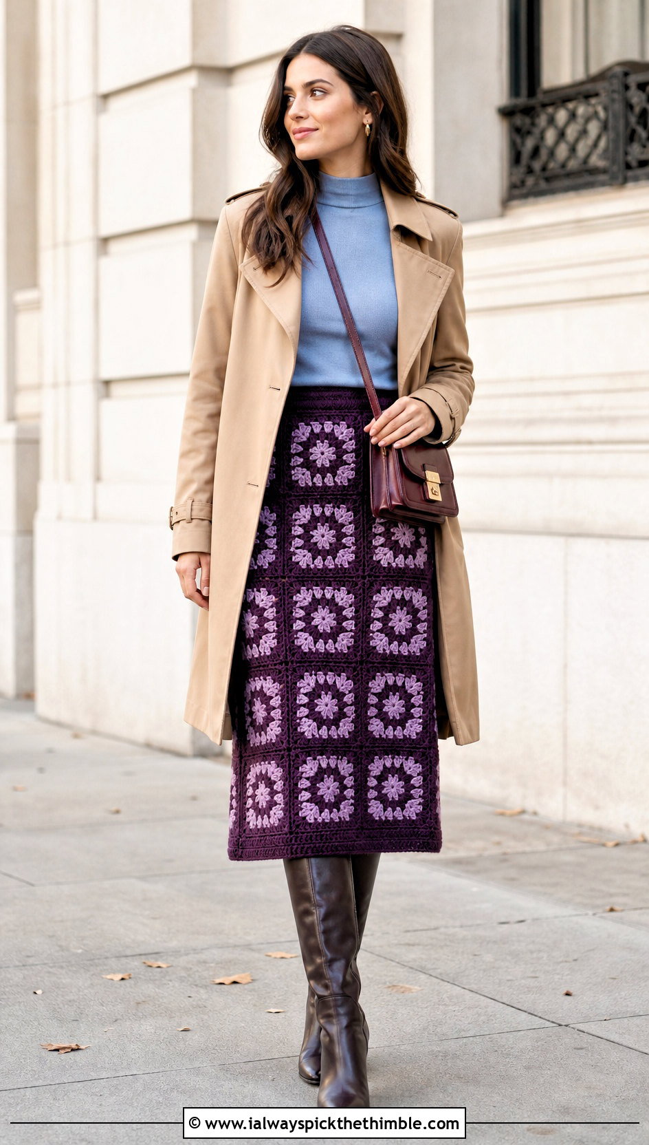 Solid Border Granny Square Midi Skirt With Trench Coat And Boots - 25 crochet granny skirt outfit ideas