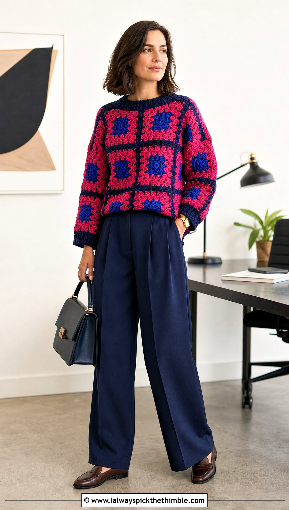 Solid Border Granny Square Sweater With Pleated Trousers - 25 granny square sweater outfit ideas
