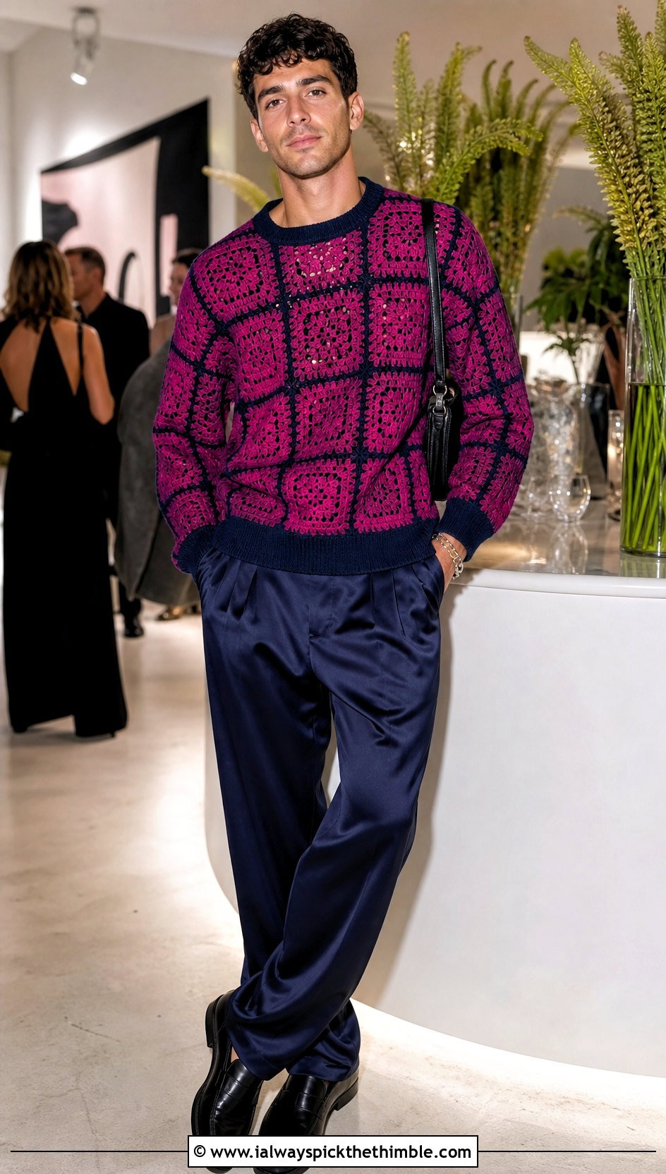 Solid Border Granny Square Sweater With Satin Trousers - 20 Crochet Granny Square Sweater For Men outfit ideas
