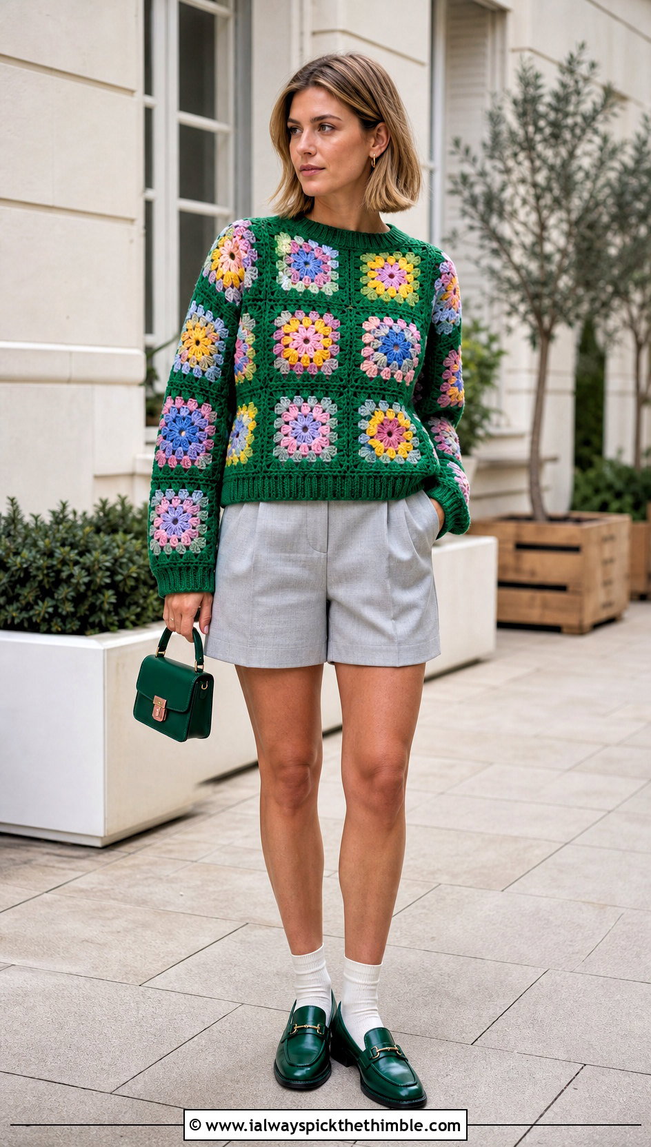 Solid Border Granny Square Sweater With Tailored Shorts - 20 crochet patchwork sweater outfit ideas
