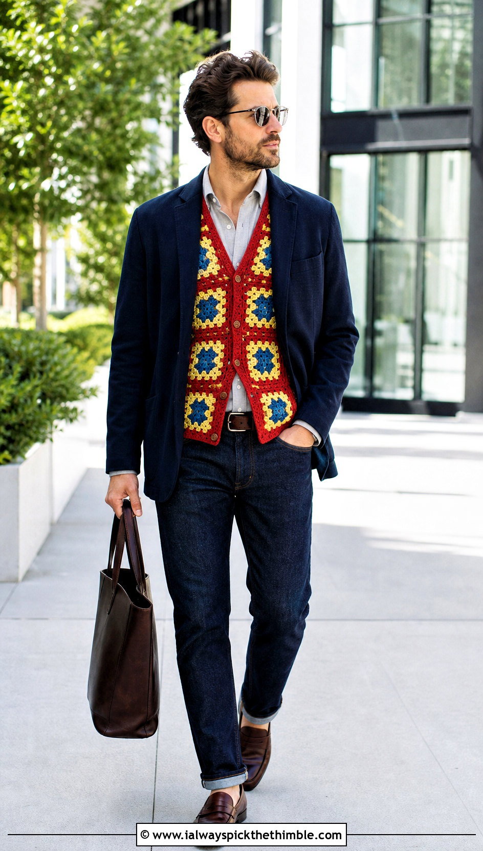 Solid Border Granny Square Vest With Blazer And Dark Jeans - 20 crochet granny square mens vest outfit ideas