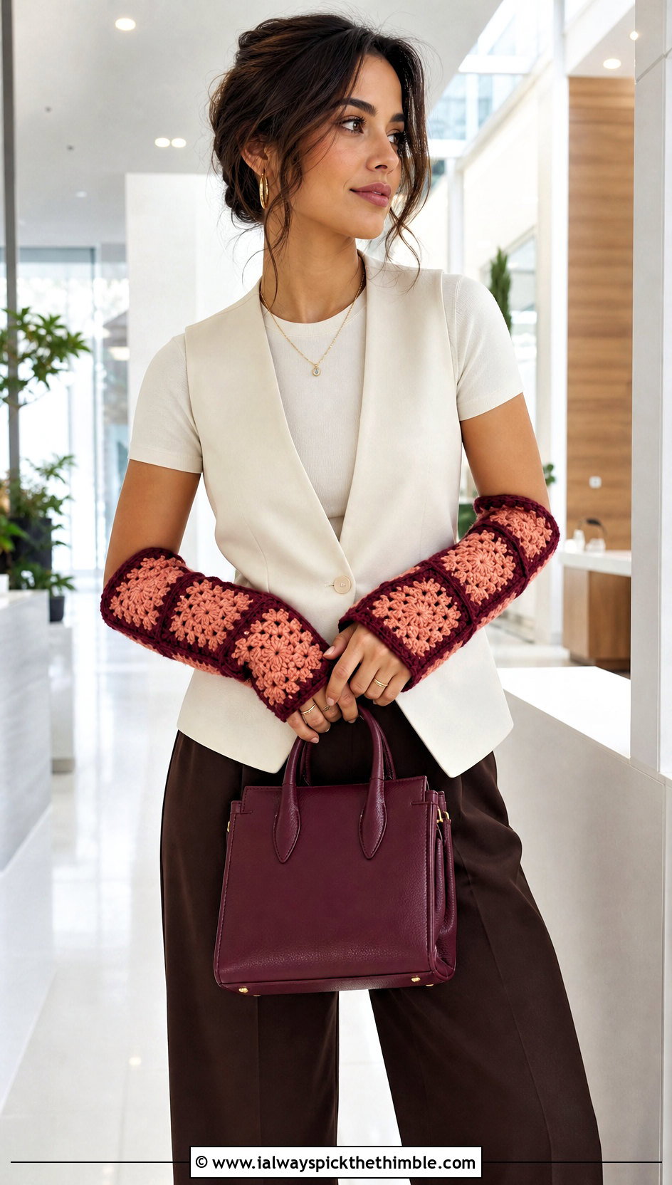 Solid Center Granny Square Arm Warmers With Tailored Vest - 20 Granny Square Arm Warmers outfit ideas