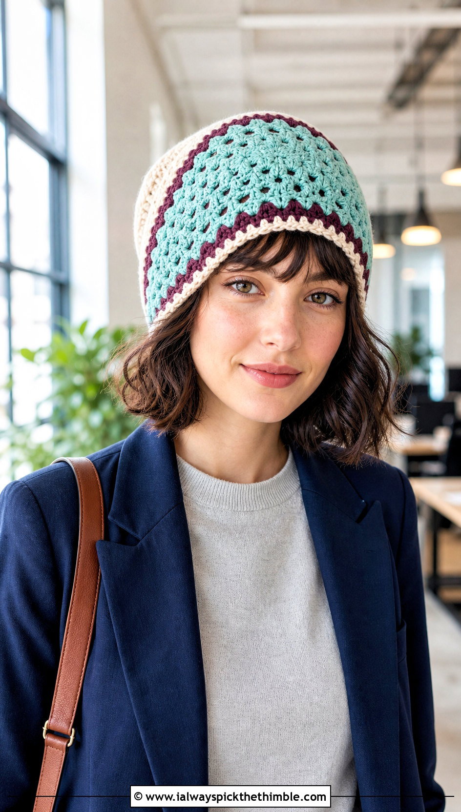 Solid Center Granny Square Beanie With Blazer And Jeans - 25 crochet granny square beanie outfit ideas