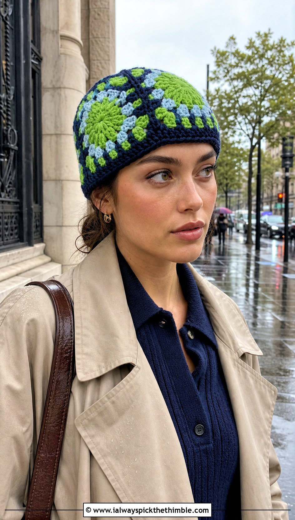 Solid Center Granny Square Crochet Beanie With Trench Coat - 20 granny square crochet beanie outfit ideas