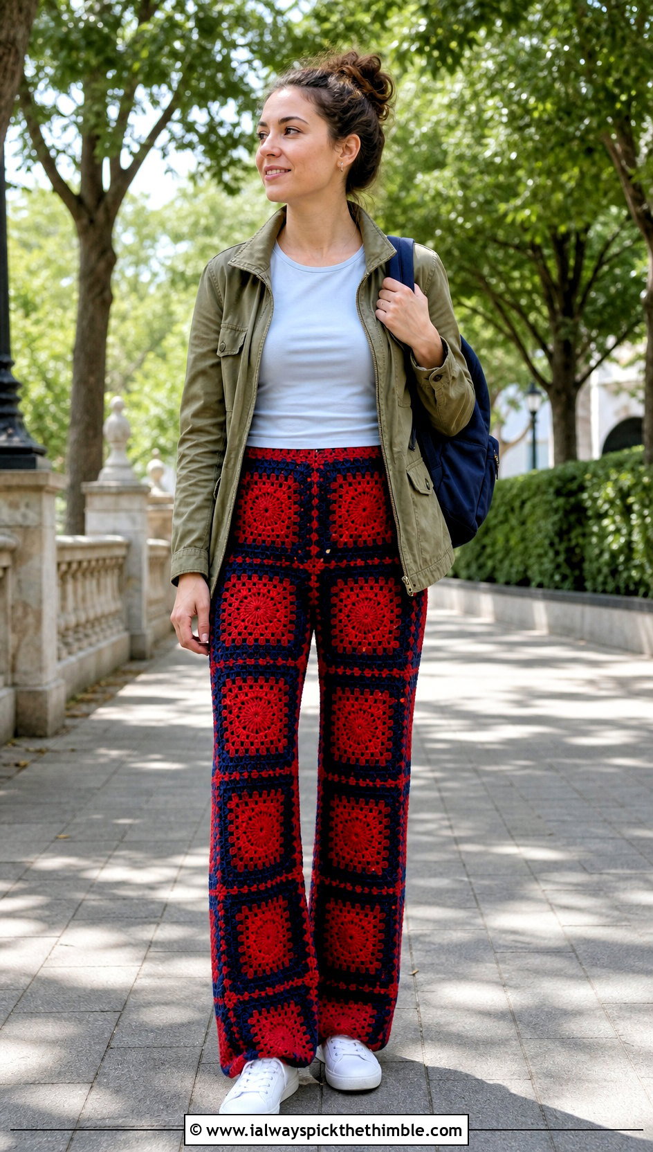 Solid Center Granny Square Pants With Utility Jacket - 25 crochet granny square pants outfit ideas