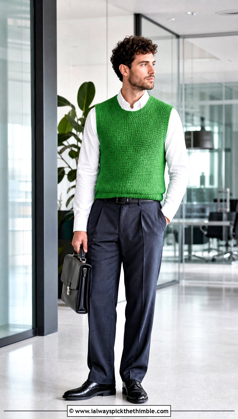 Solid Close Stitch Crochet Vest With Suit Trousers - 25 crochet vest for men outfit ideas