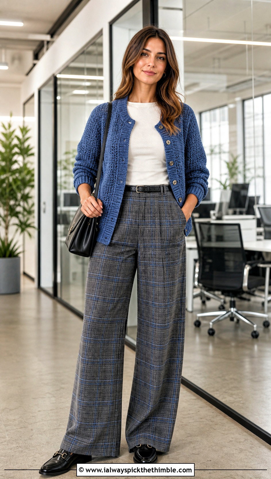 Solid Color Campfire Cardigan With Plaid Trousers - 20 crochet campfire cardigan outfit ideas