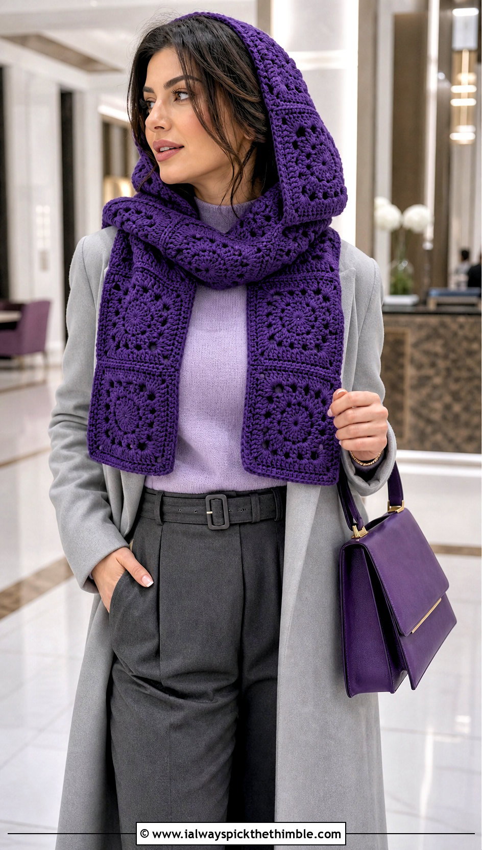 Solid Color Granny Square Crochet Hooded Scarf With Tonal Outfit - 20 Granny Square Crochet Hooded Scarf outfit ideas