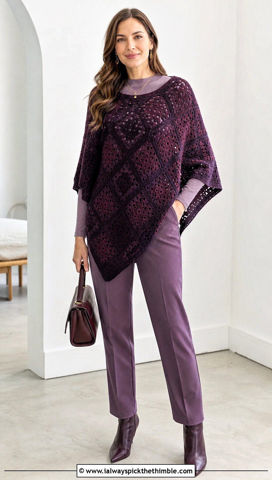 Solid Color Granny Square Poncho With Monochrome Separates - 25 crochet granny square poncho outfit ideas