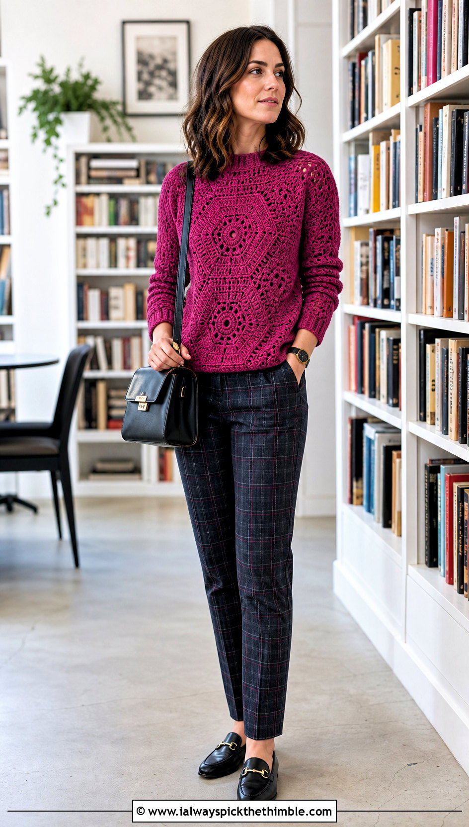 Solid Color Hexagon Granny Square Pullover With Plaid Pants - 20 Hexagon Granny Square Pullover outfit ideas