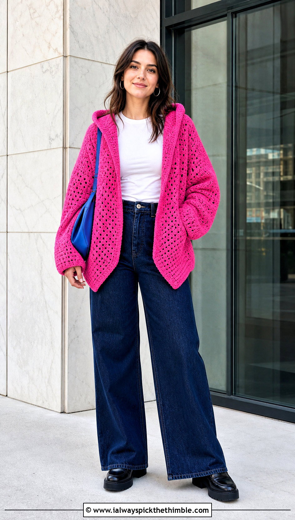 Solid Color Hooded Hexagon Cardigan With Wide Leg Jeans - 20 Crochet Hexagon Cardigan With Hood outfit ideas