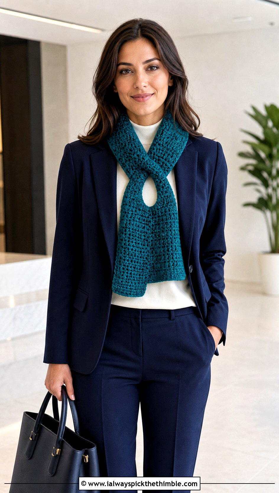 Solid Color Keyhole Winter Wishes Crochet Scarf With Blazer - 15 Winter Wishes Crochet Scarf outfit ideas